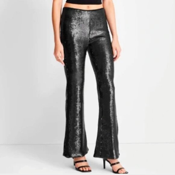 Future Collective Black Matte Sequin Flare Pants in Women's Size 8 - Picture 1 of 8